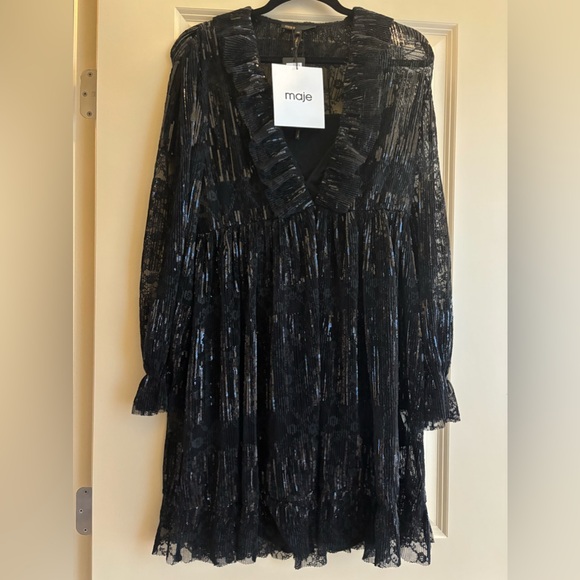 Maje Black Pleated Lace Dress